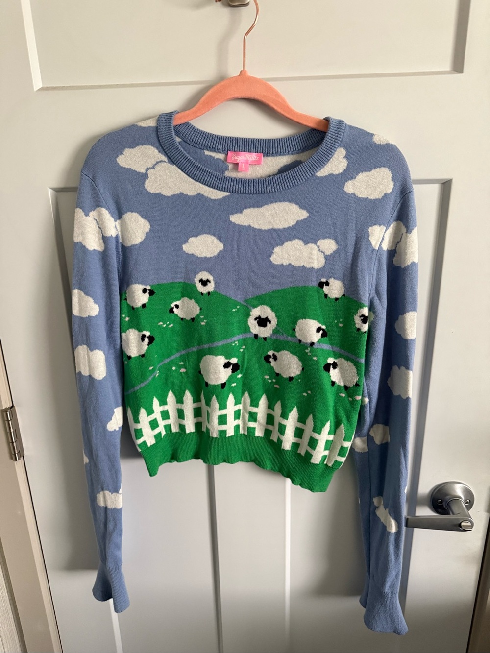 Whimsical Cloud & Sheep Crewneck Sweater - Blue & Green